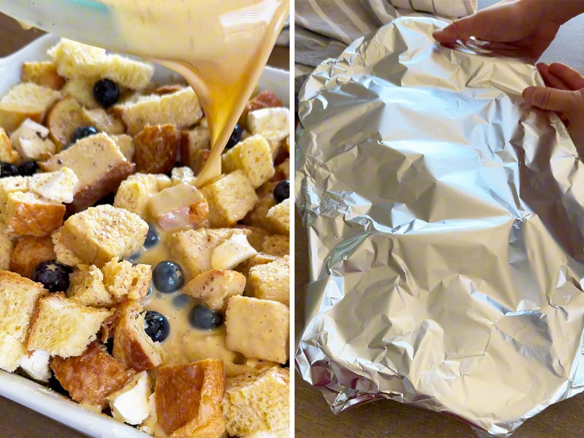 pouring custard into the assembled casserole
