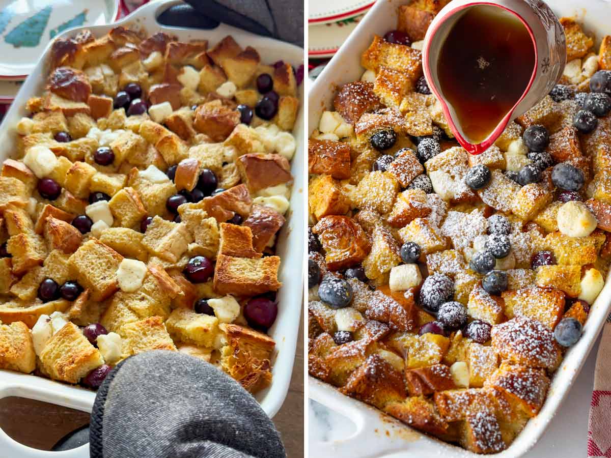 baked french toast casserole with confectioners sugar and maple syrup