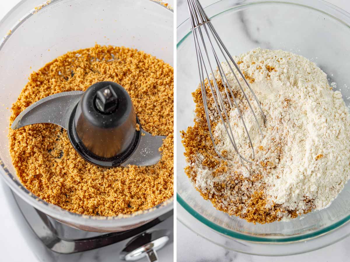 pulsing hazelnuts and whisking with dry ingredients in bowl