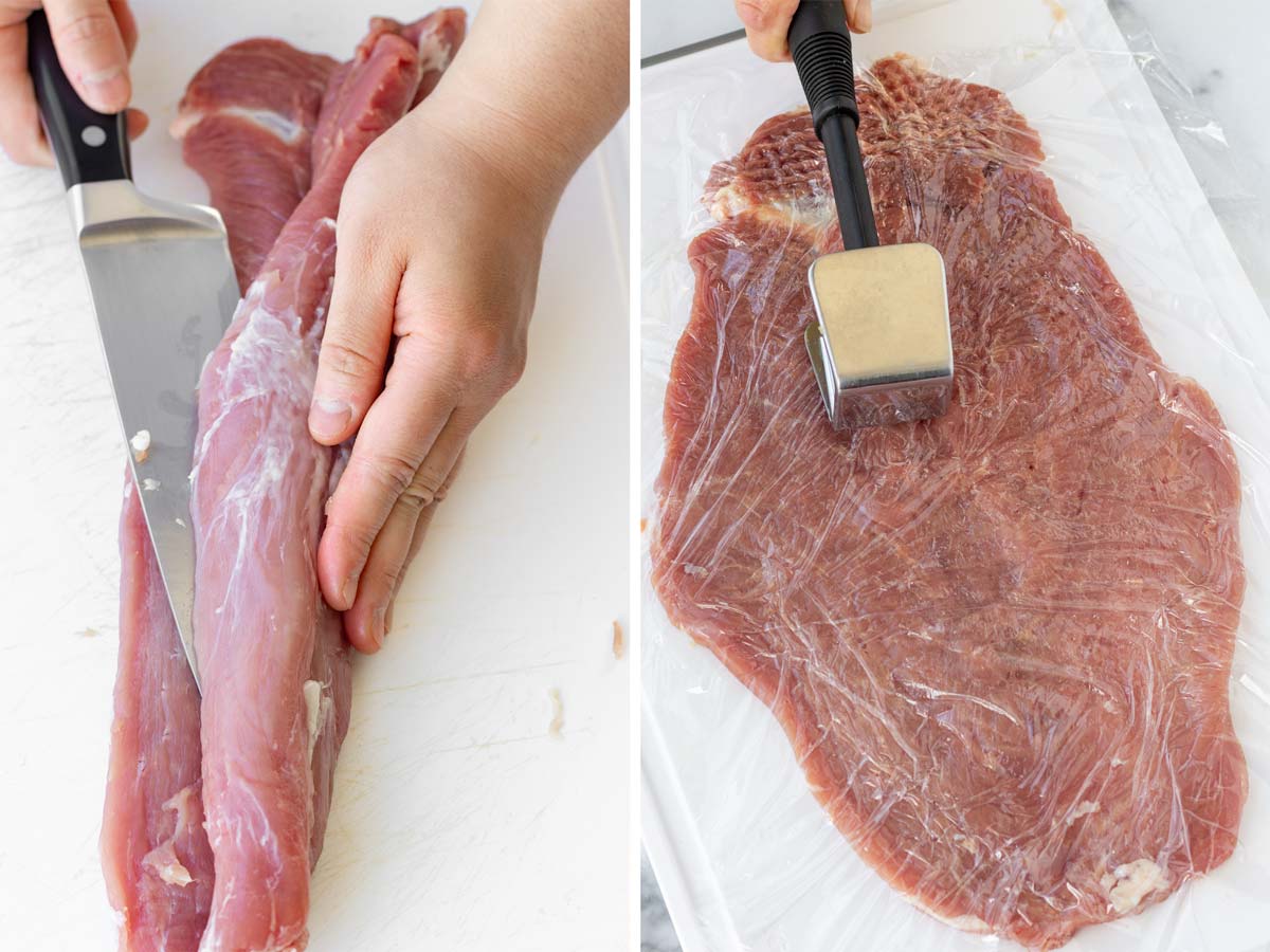 butterflying pork tenderloin on cutting board