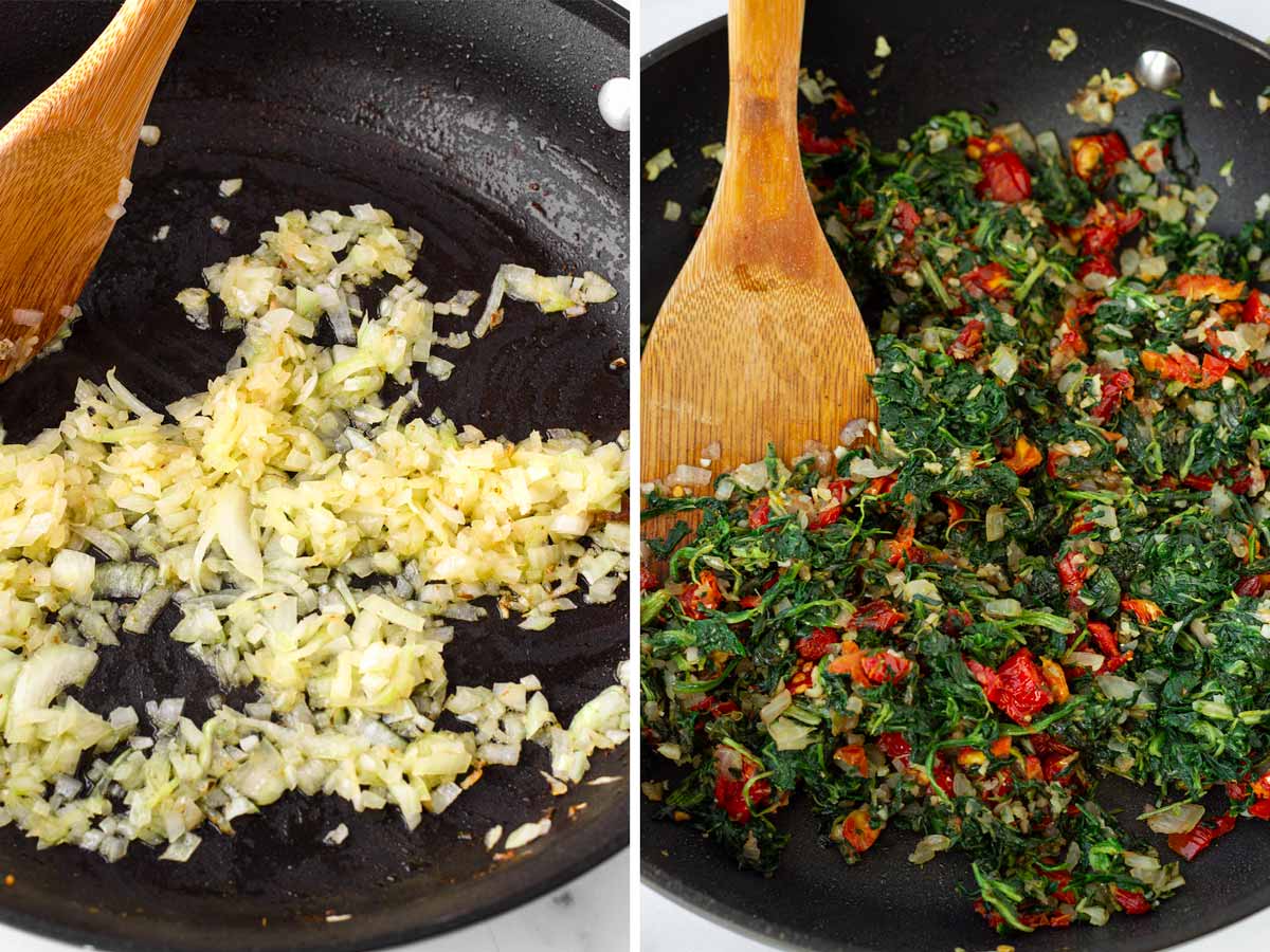 sauteeing onions and spinach with tomatoes in skillet