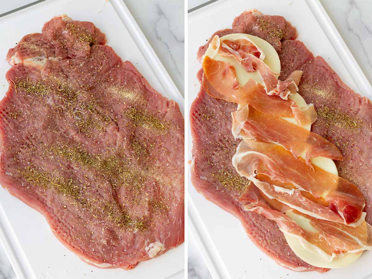 seasoned layer of flattened pork tenderloin plus slices of provolone cheese and prosciutto on top