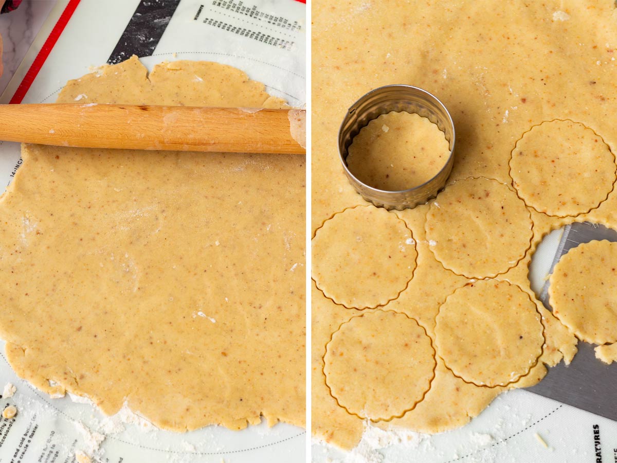 rolling dough and cutting out cookies with a decorative cookie cutter