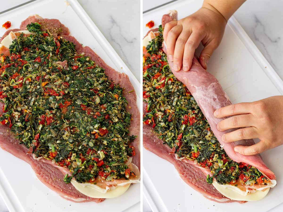 adding spinach and tomato filling, and rolling the pork