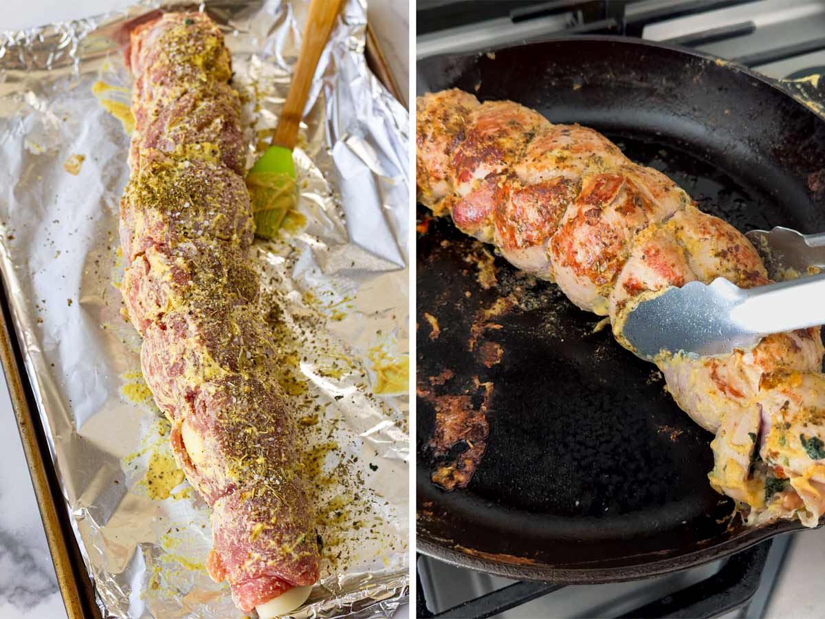 brushing and searing assembled stuffed pork tenderloin