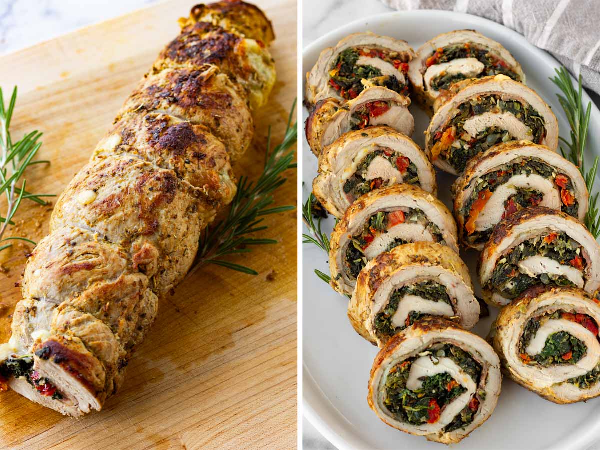 roasted pork tenderloin whole on the left, sliced on the right