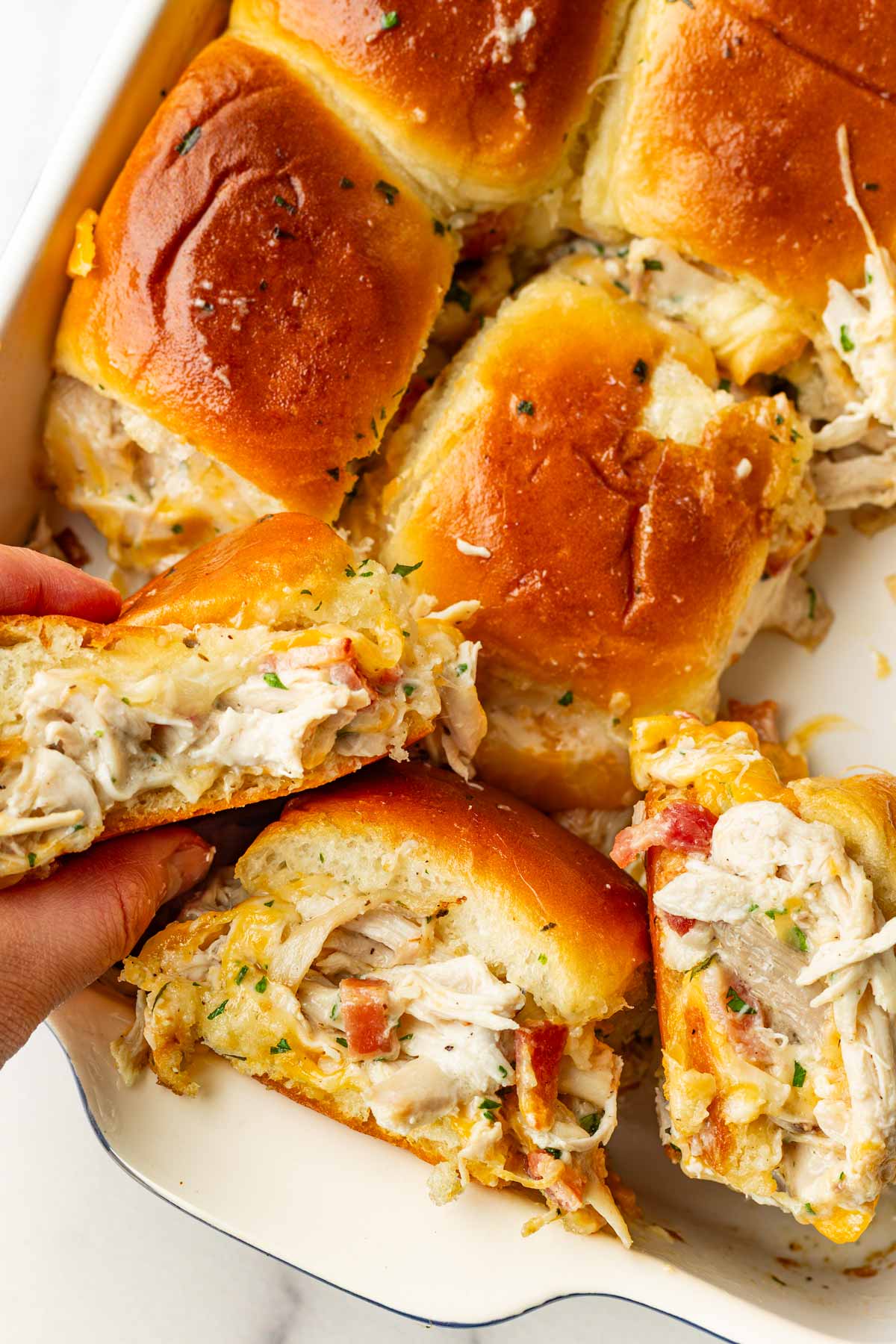 pull apart chicken bacon ranch sliders in baking pan