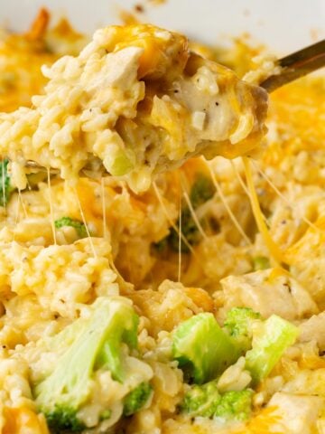 chicken broccoli rice casserole with cheese pull