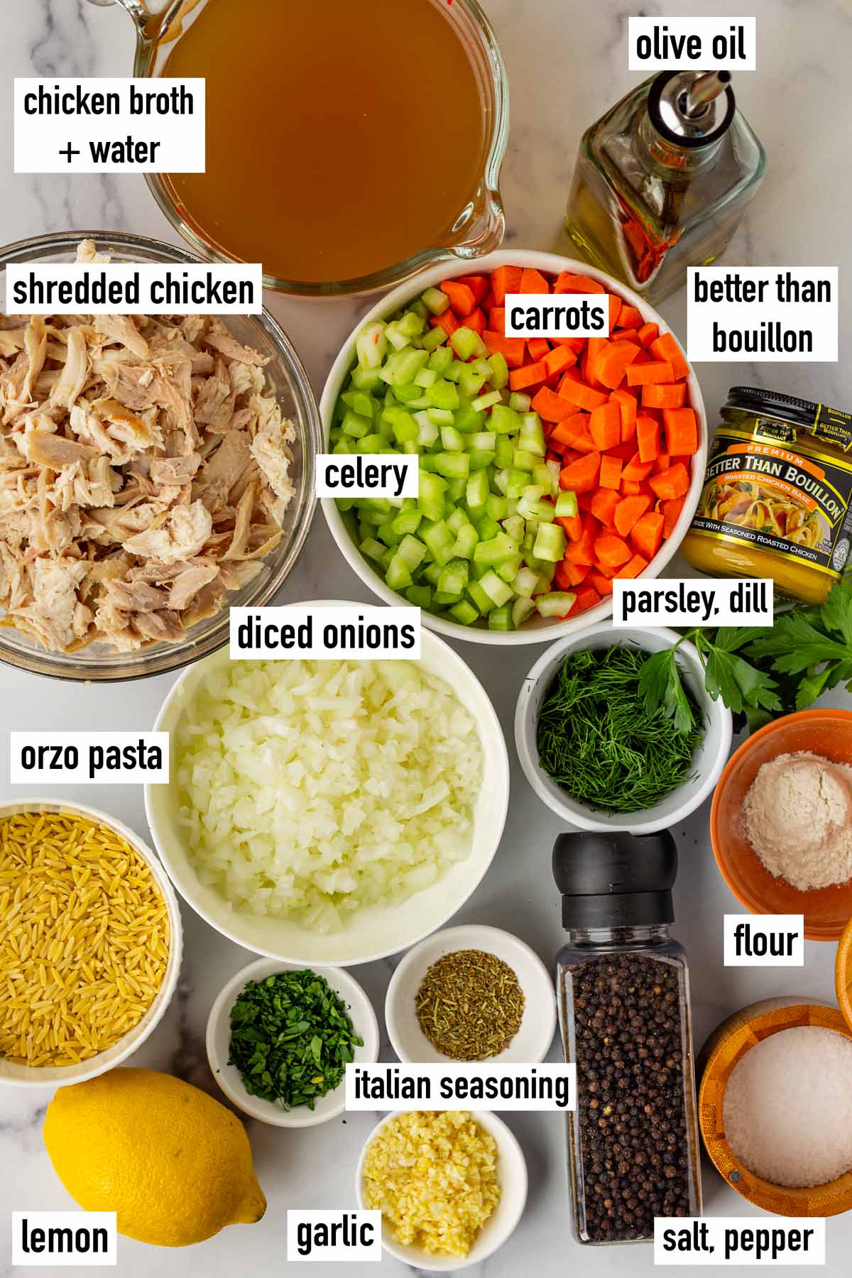 labeled ingredients for lemon chicken orzo soup