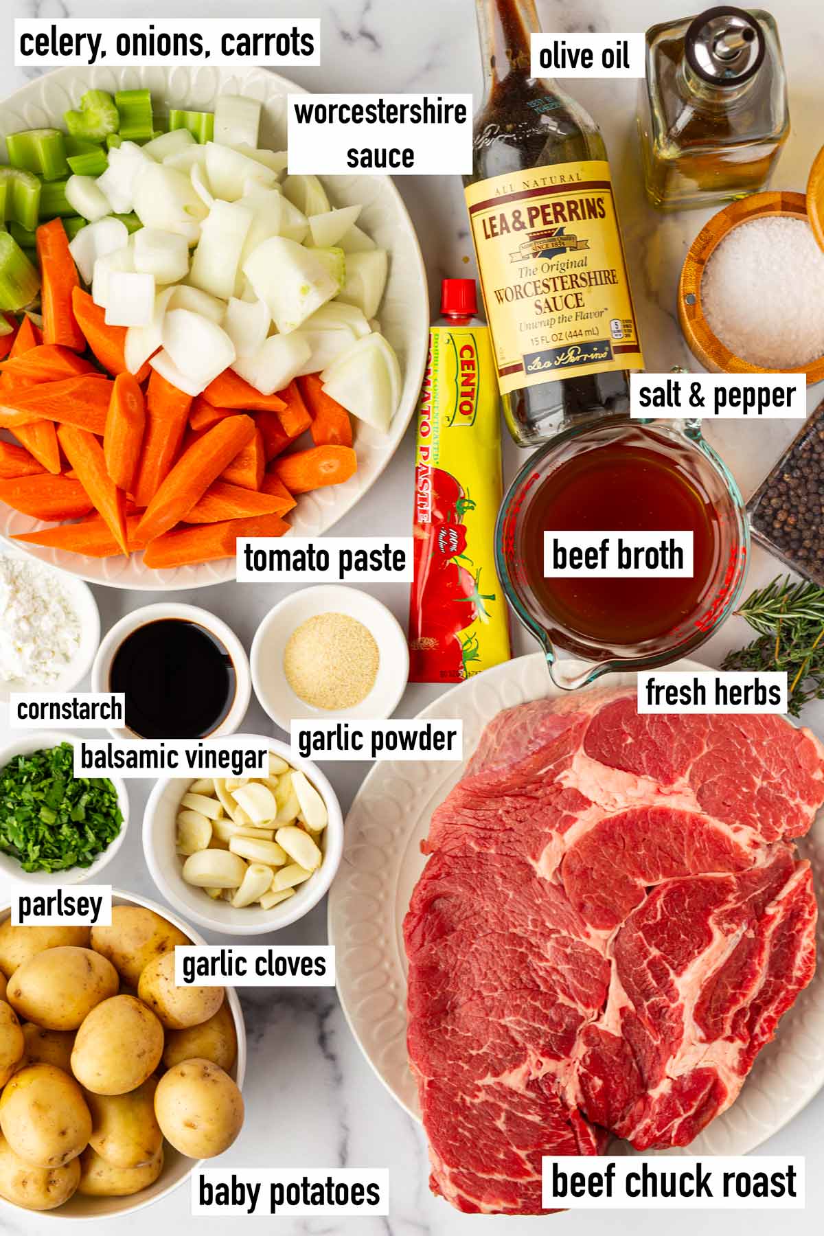 labeled ingredients to make pot roast in the slow cooker