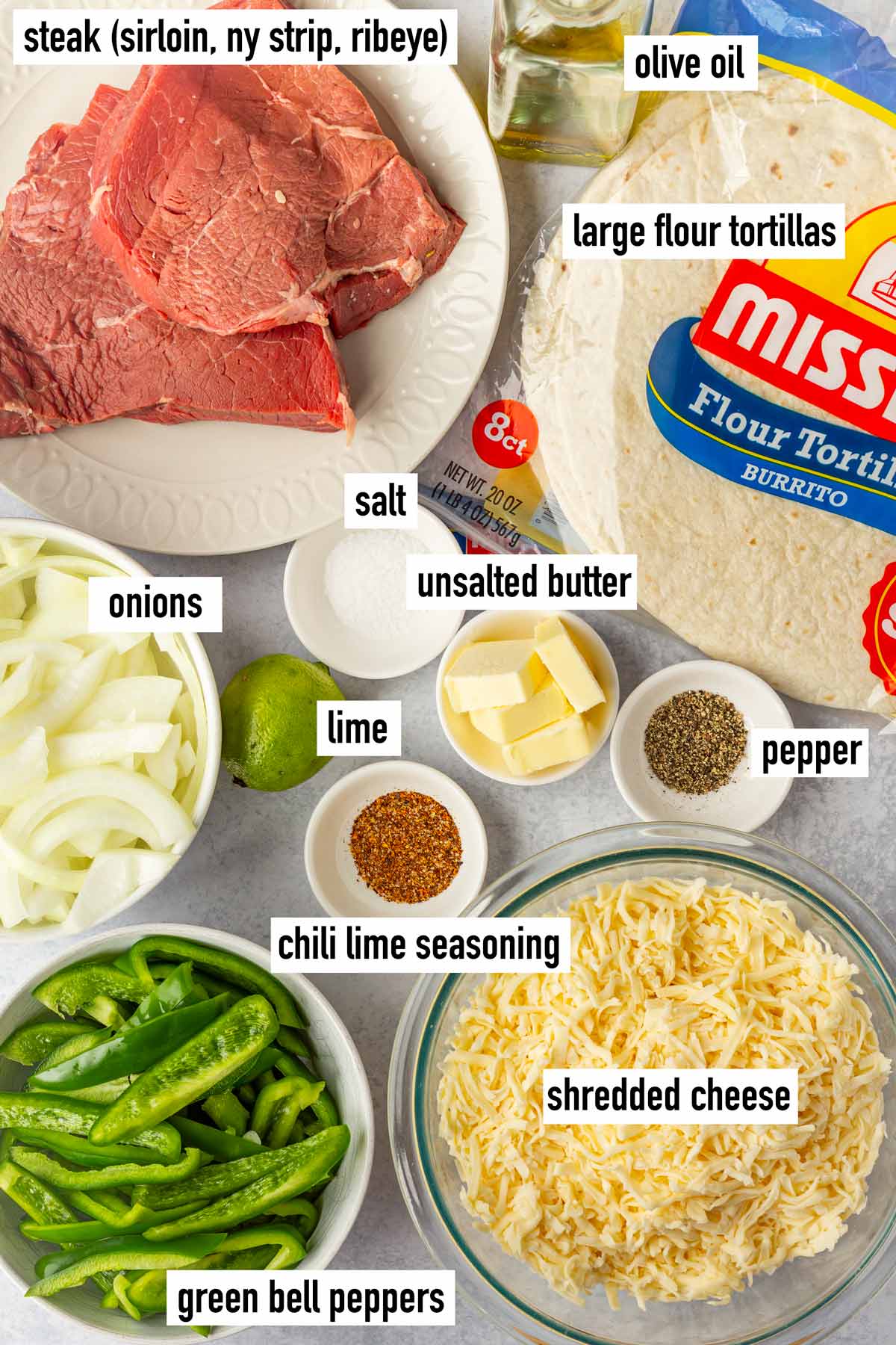 labeled ingredients for steak quesadillas