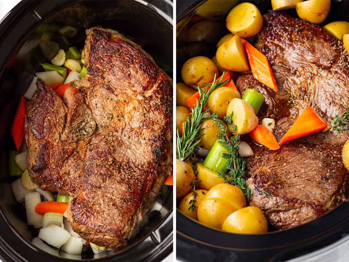 adding seared beef and vegetables into the crockpot