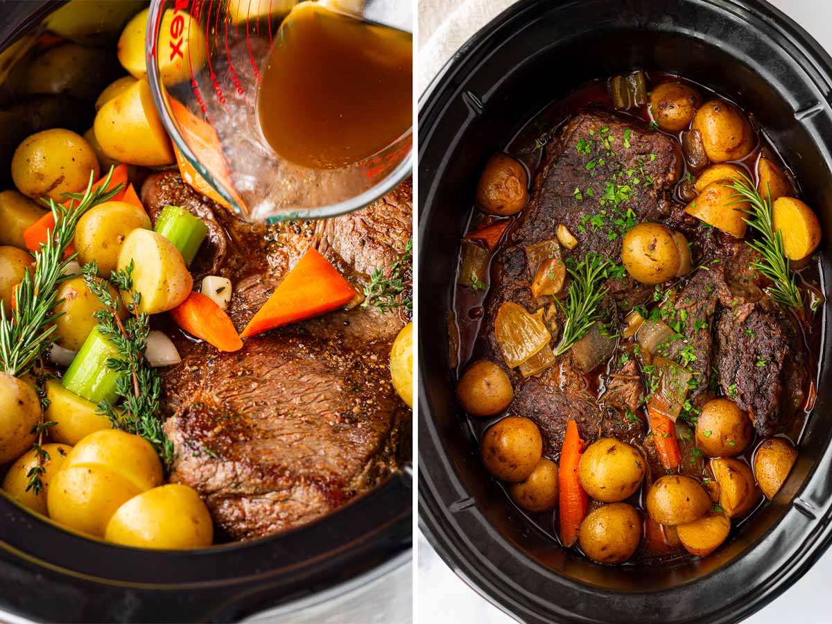 adding liquid into the pot roast in the slow cooker