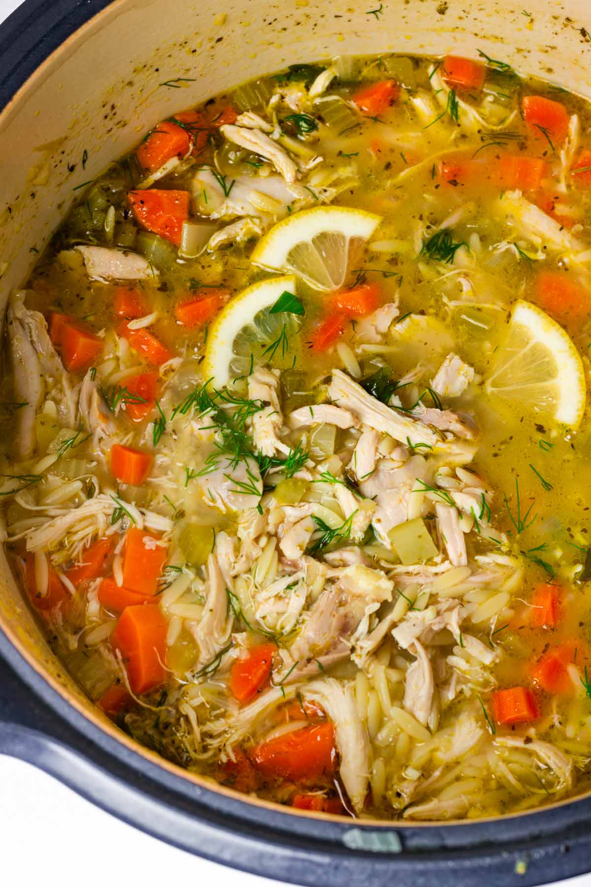 lemon chicken orzo soup in large dutch oven