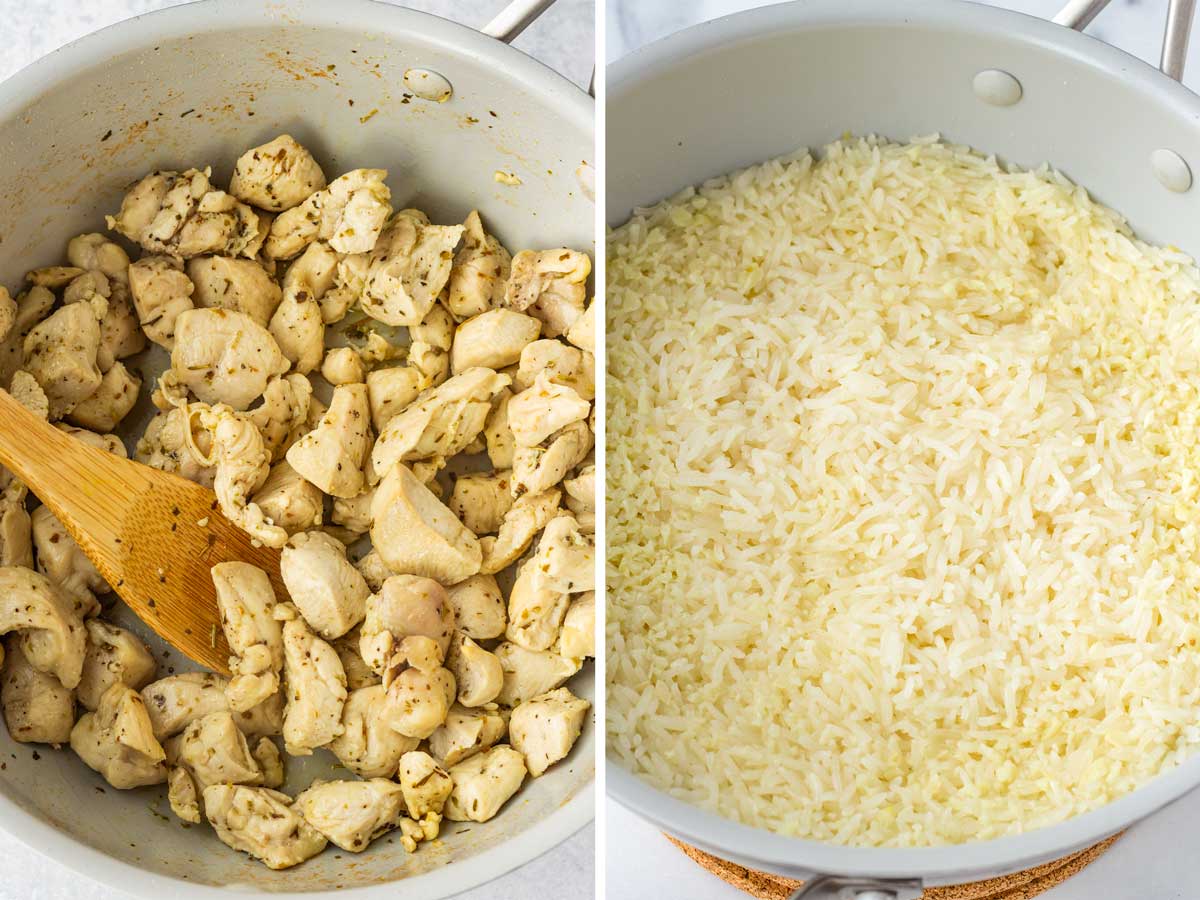 sauteeing seasoned chicken and cooking rice in a pot
