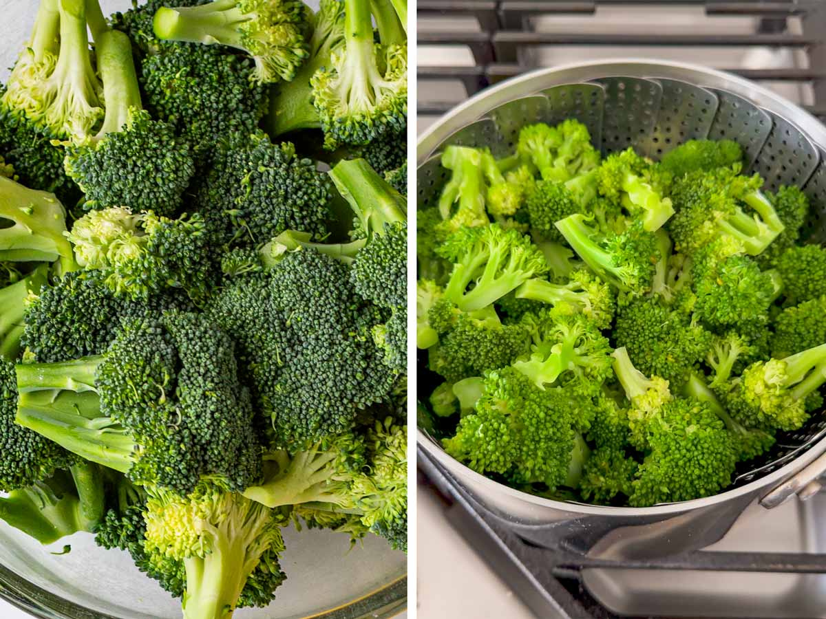 preparing and steaming broccoli in steaming basked