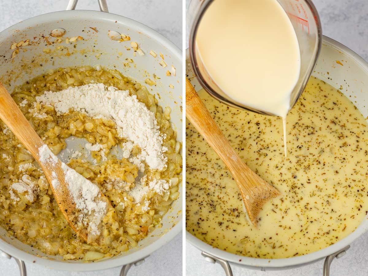 sauteing aromatics and adding milk to make the sauce in a pot