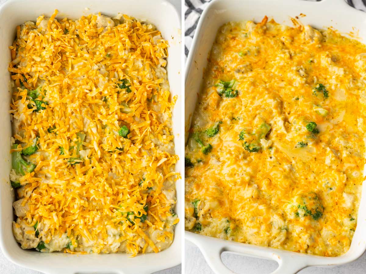 chicken broccoli rice casserole with cheese on top