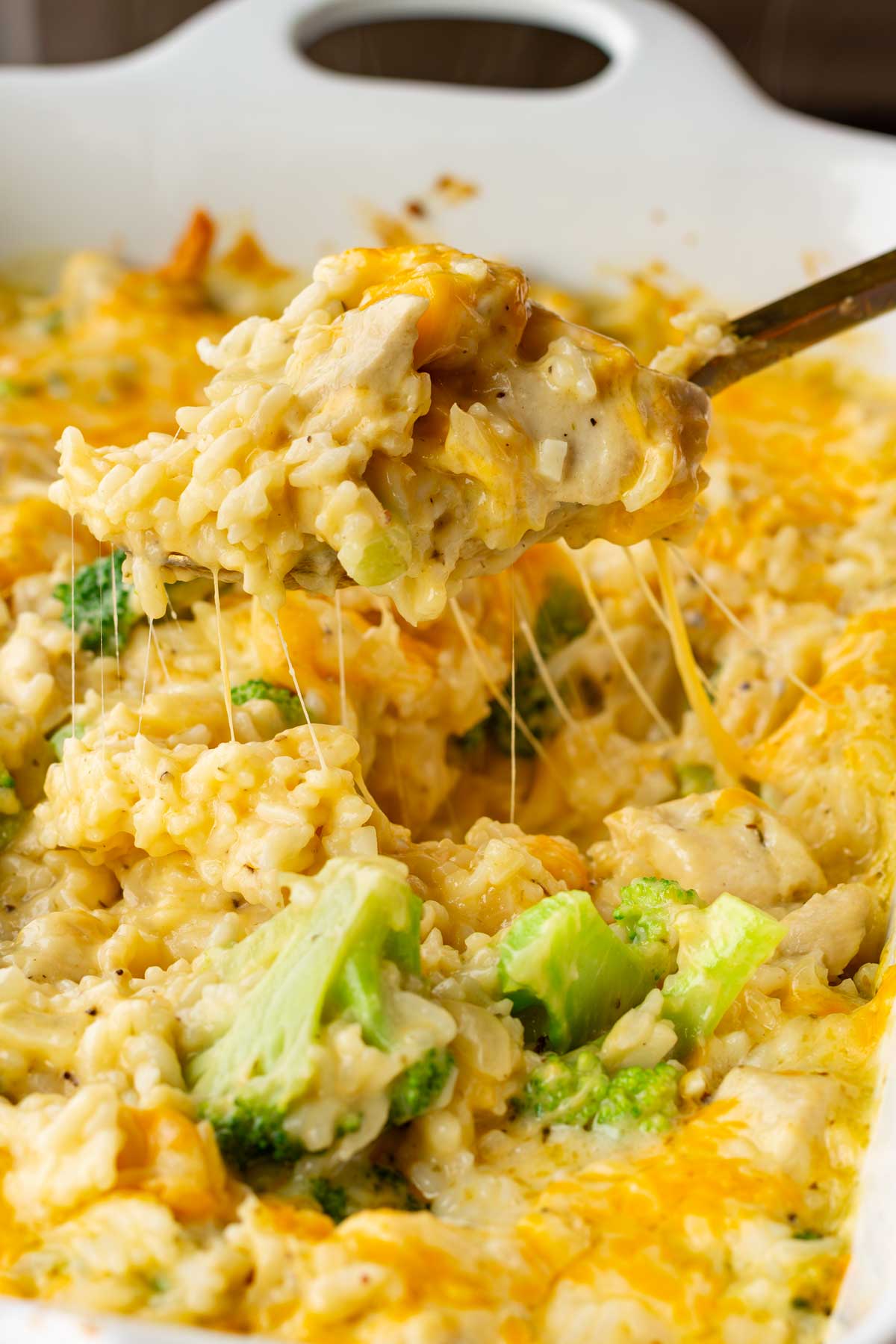 a cheesy spoonful of chicken broccoli rice casserole