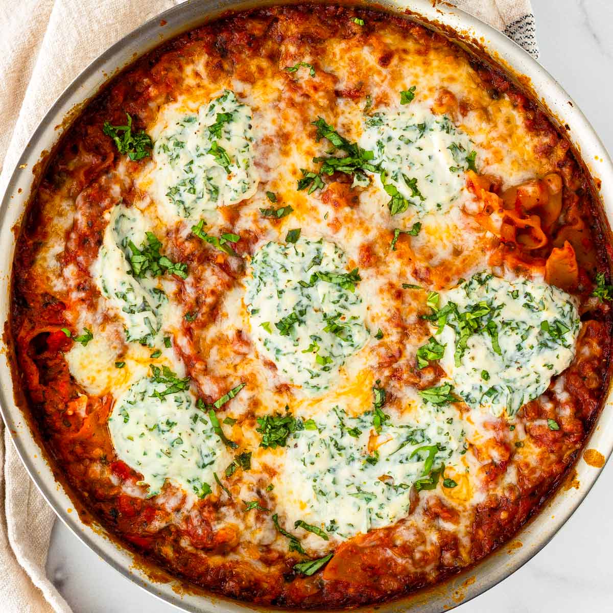 one pan skillet lasagna with ricotta and basil