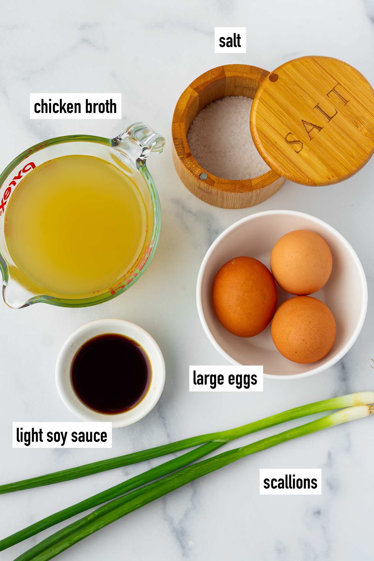 labeled ingredients for steamed eggs recipe