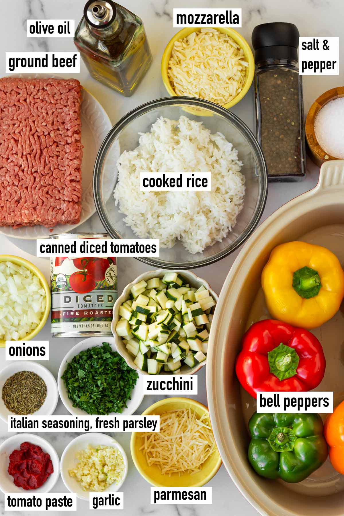 labeled ingredients for stuffed peppers with rice and beef recipe