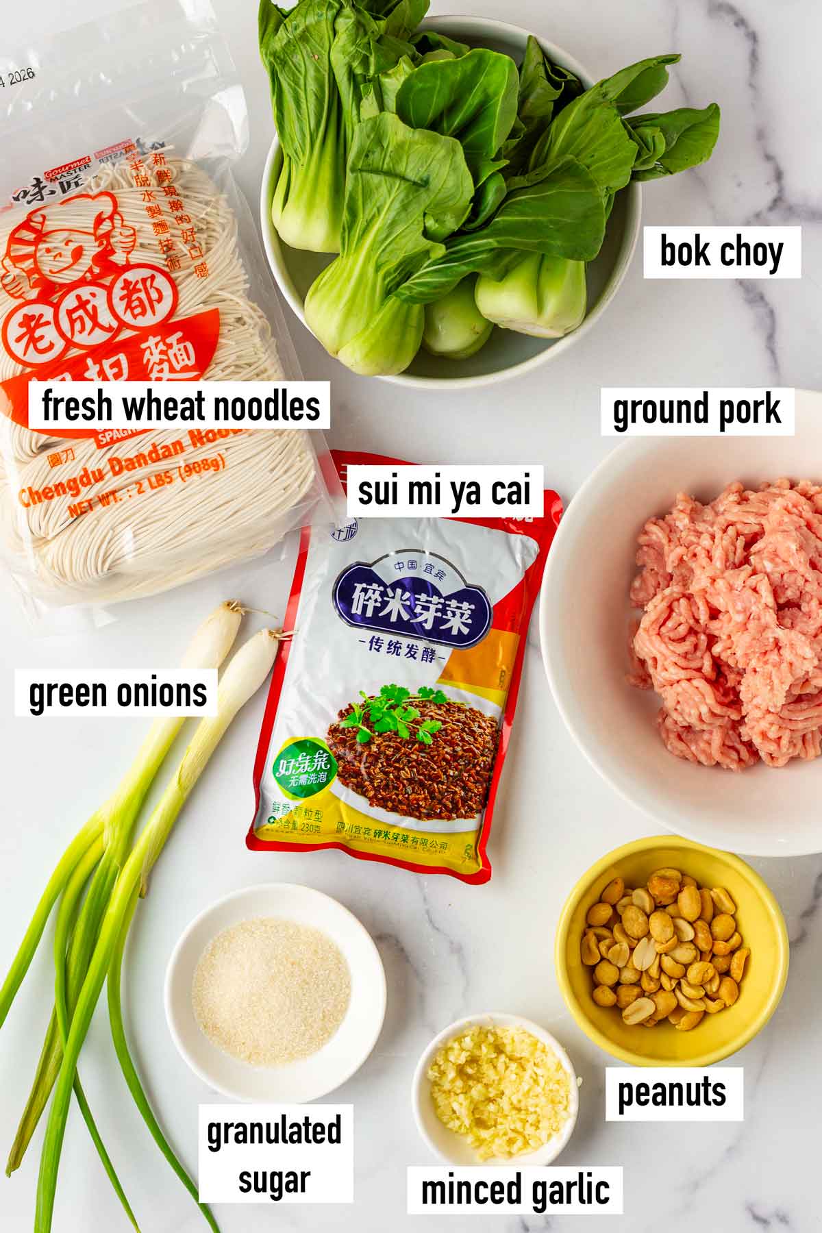 labeled ingredients for dan dan noodles