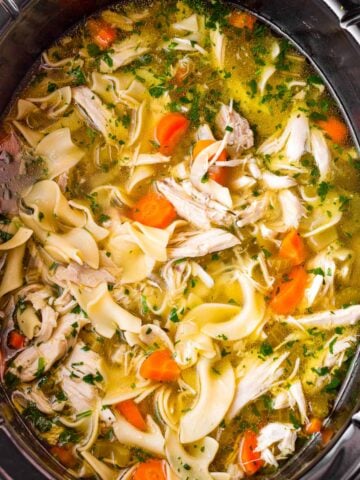 slow cooker chicken noodle soup with egg noodles and carrots