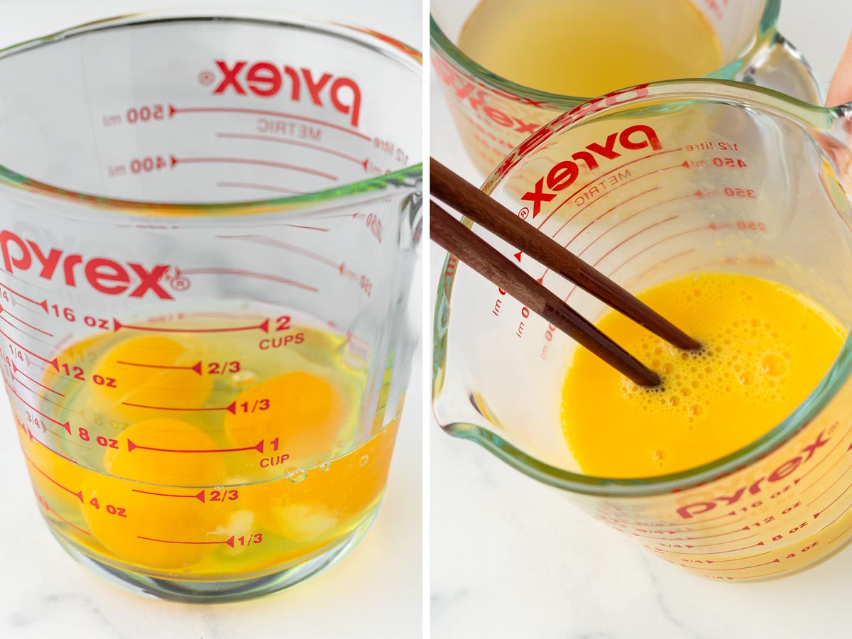 measuring and whisking eggs in a glass measuring cup