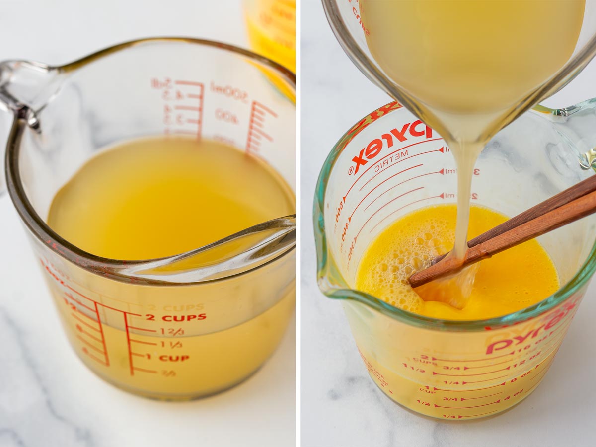 measuring broth and adding into the eggs