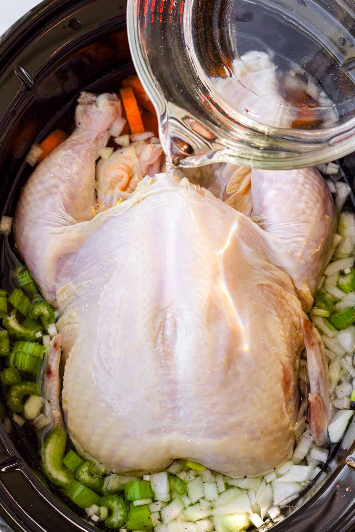 adding whole chicken and water into the crock pot