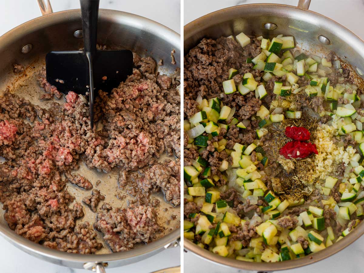 cooking ground beef, zucchini and aromatics in pan