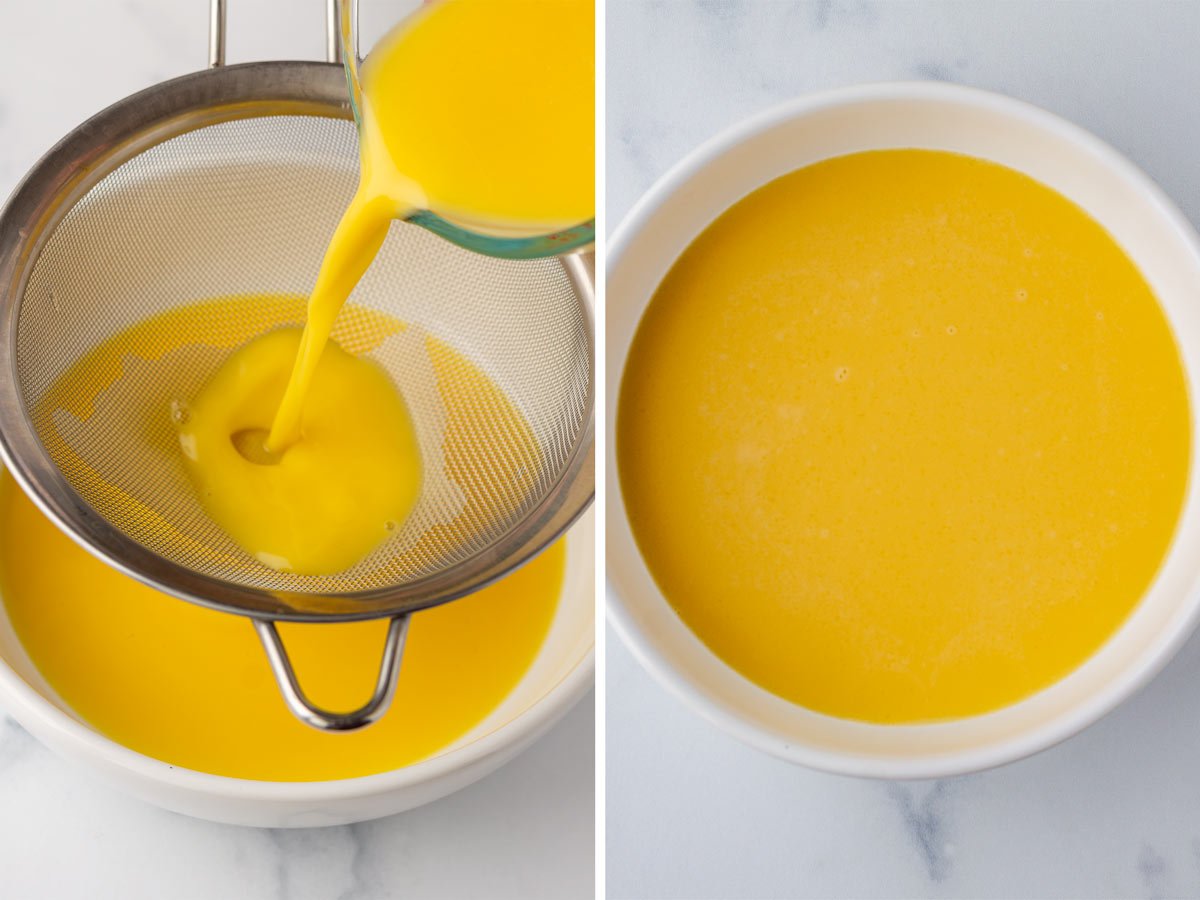 straining egg mixture through a sieve into a bowl