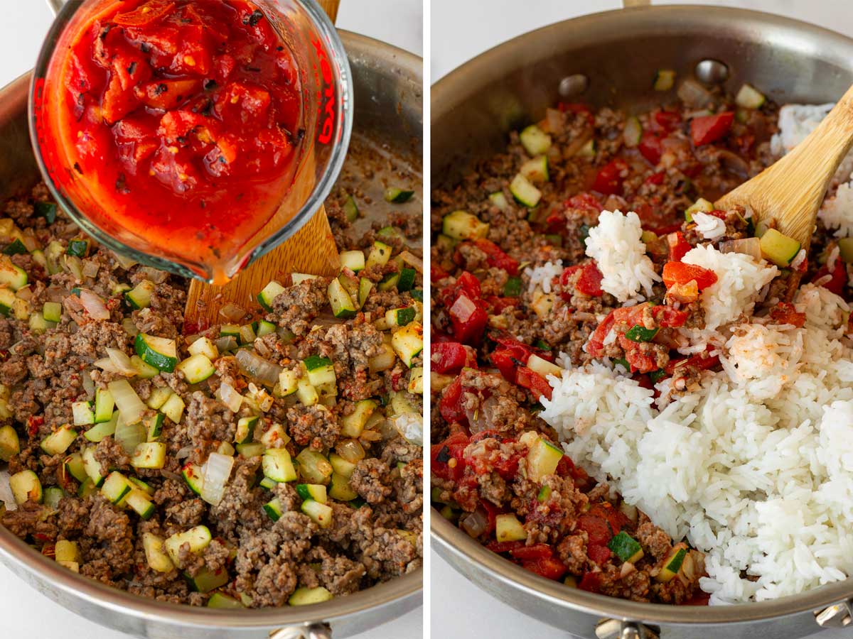 adding canned diced tomatoes and rice to the pan