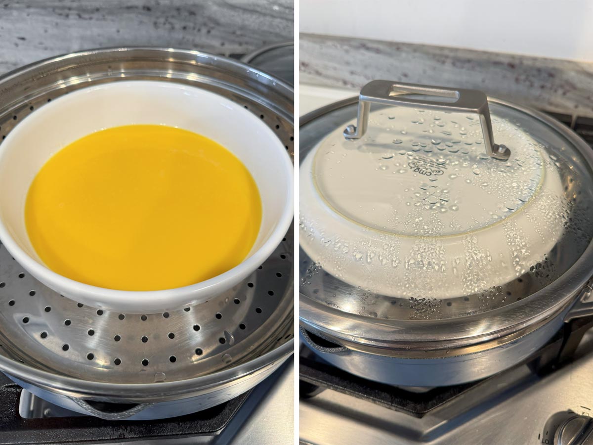 steaming eggs in a steamer pan