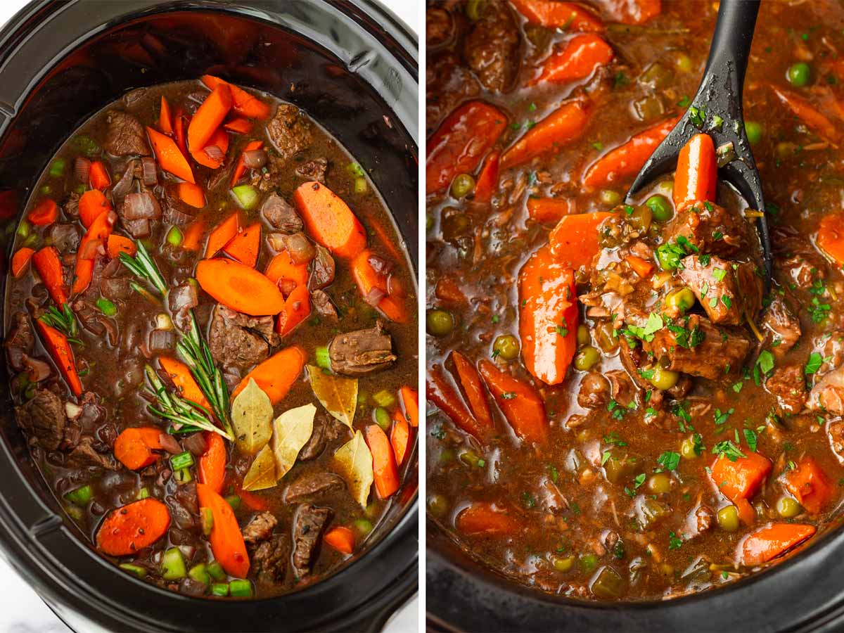 finished slow cooker beef stew with herbs and garnish