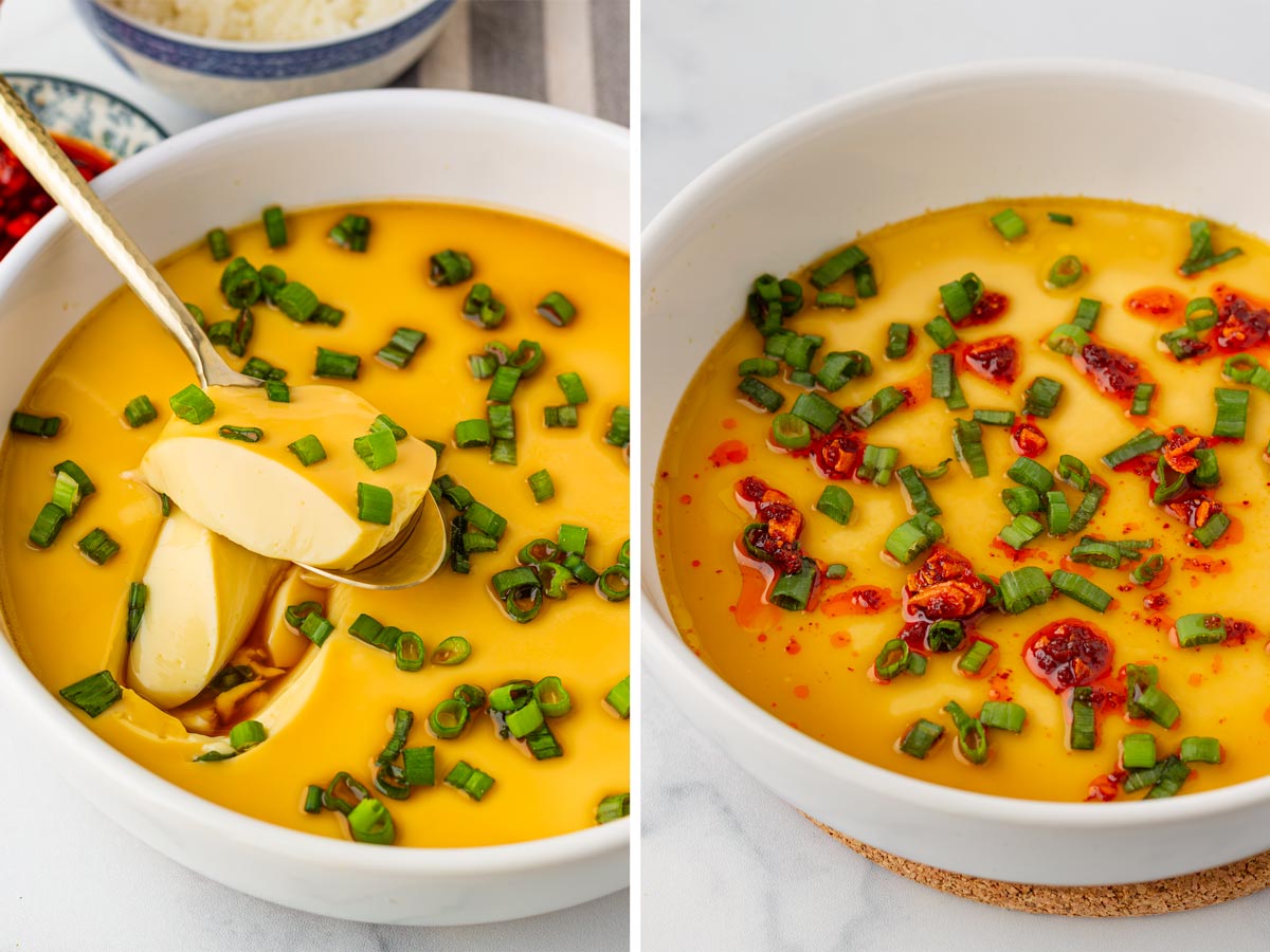 serving chinese steamed eggs with soy sauce and chili oil