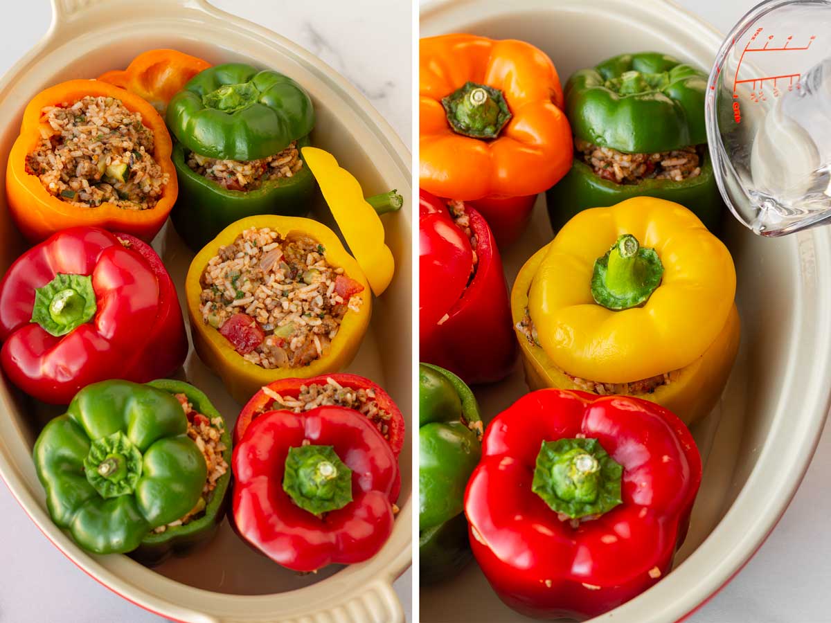 adding water to the bottom of the pan with the stuffed peppers arranged