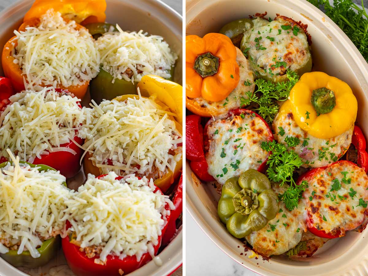 adding shredded cheese on top of the peppers