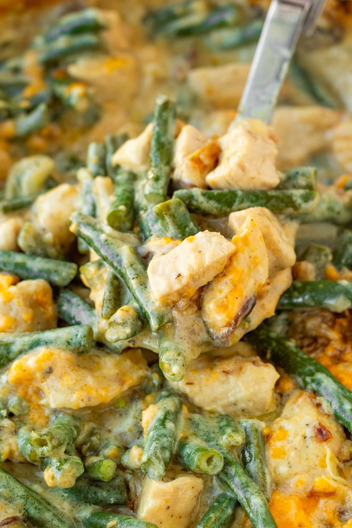 creamy chicken and green casserole spoonful from the pan