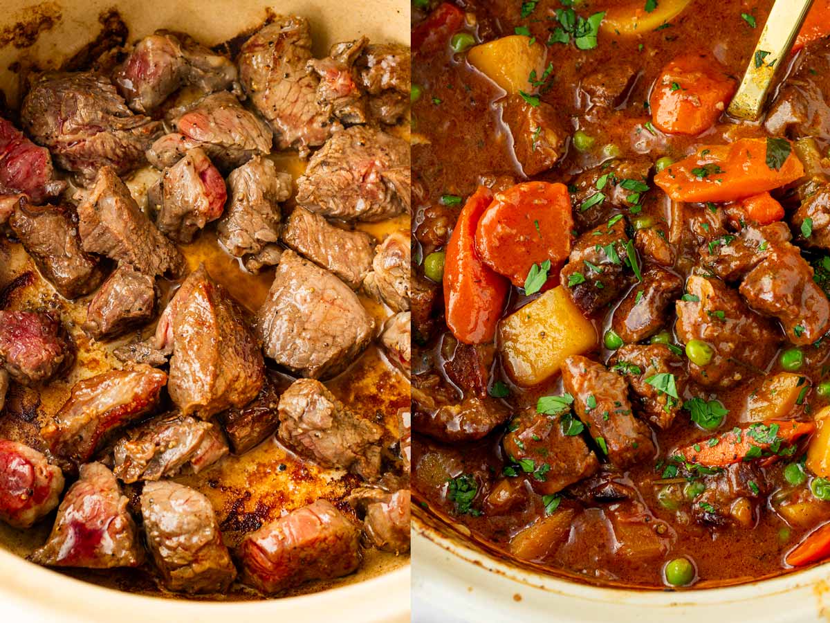 seared golden brown beef in the dutch oven for the beef stew