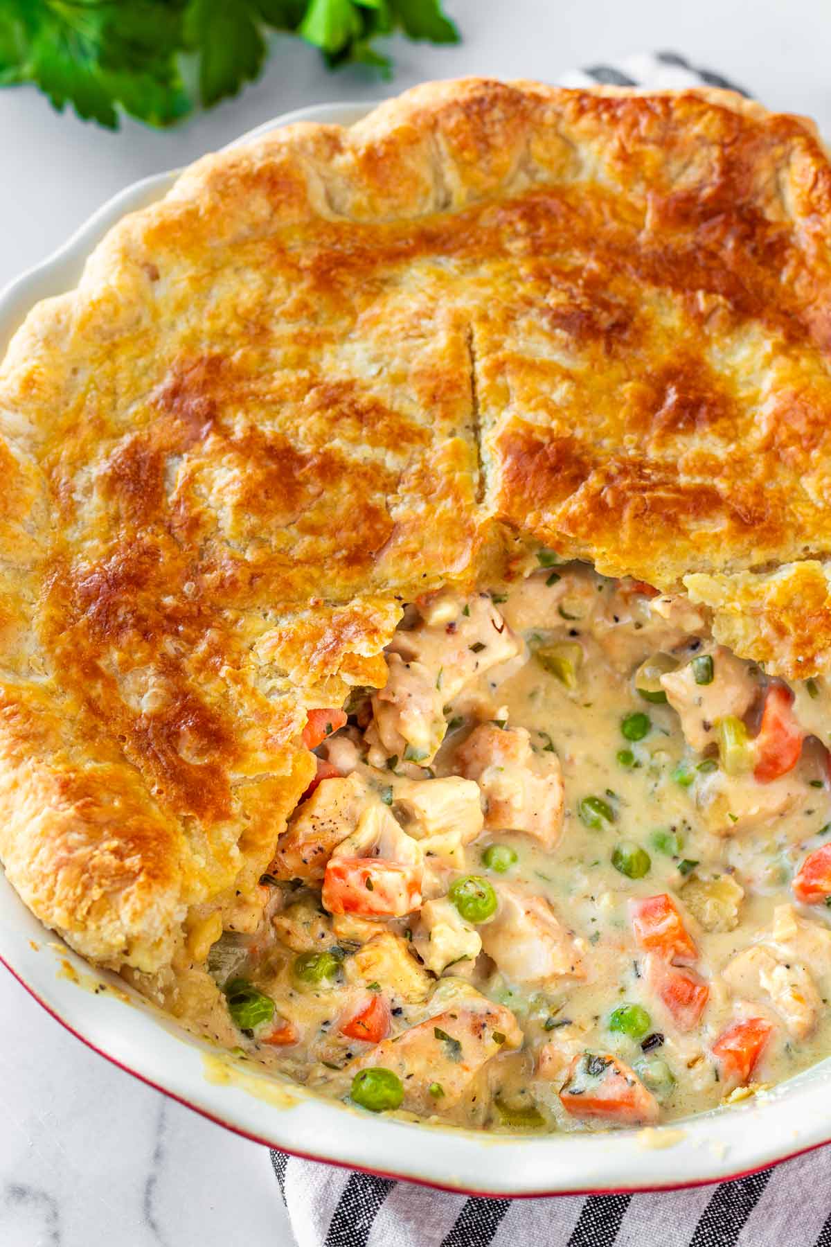 creamy chicken pot pie with pie crust cut