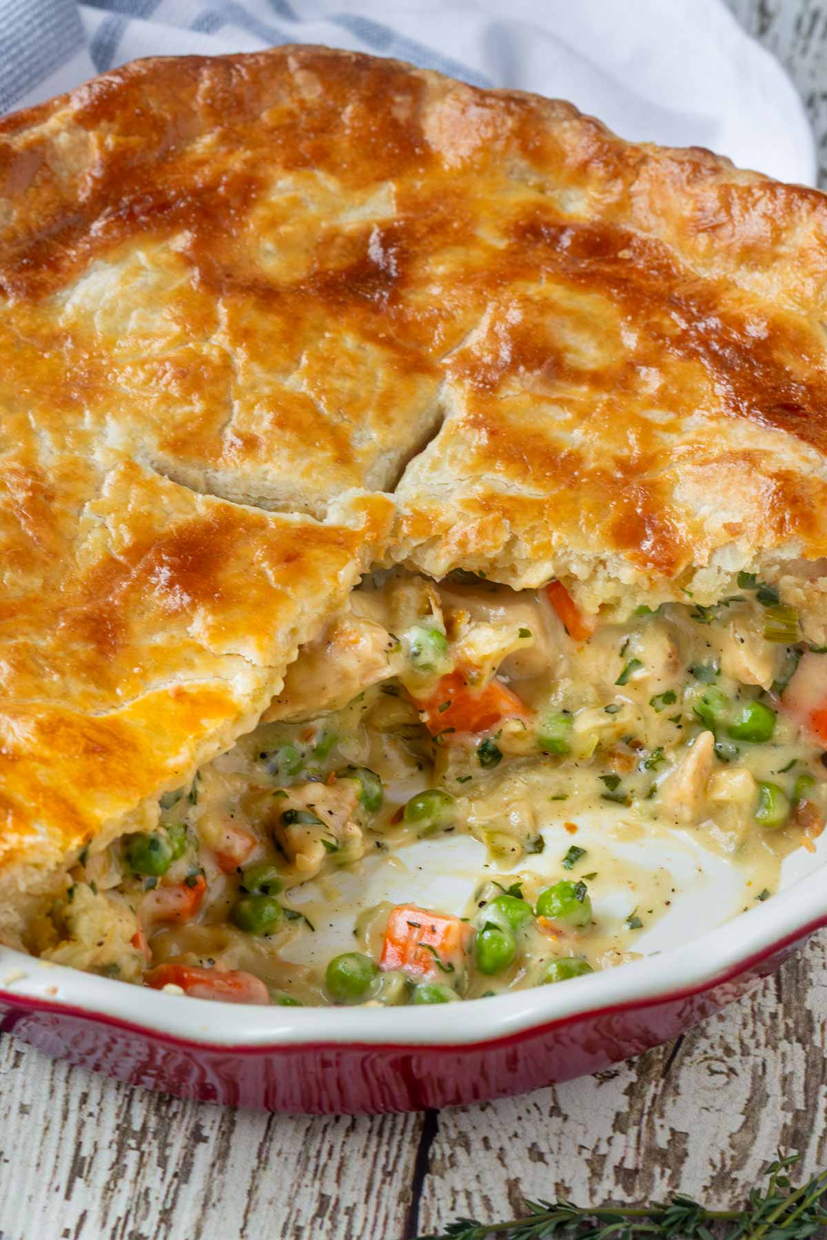 baked golden brown chicken pot pie with golden double pie crust
