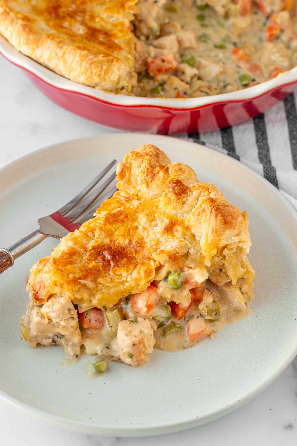 a slice of creamy chicken pot pie
