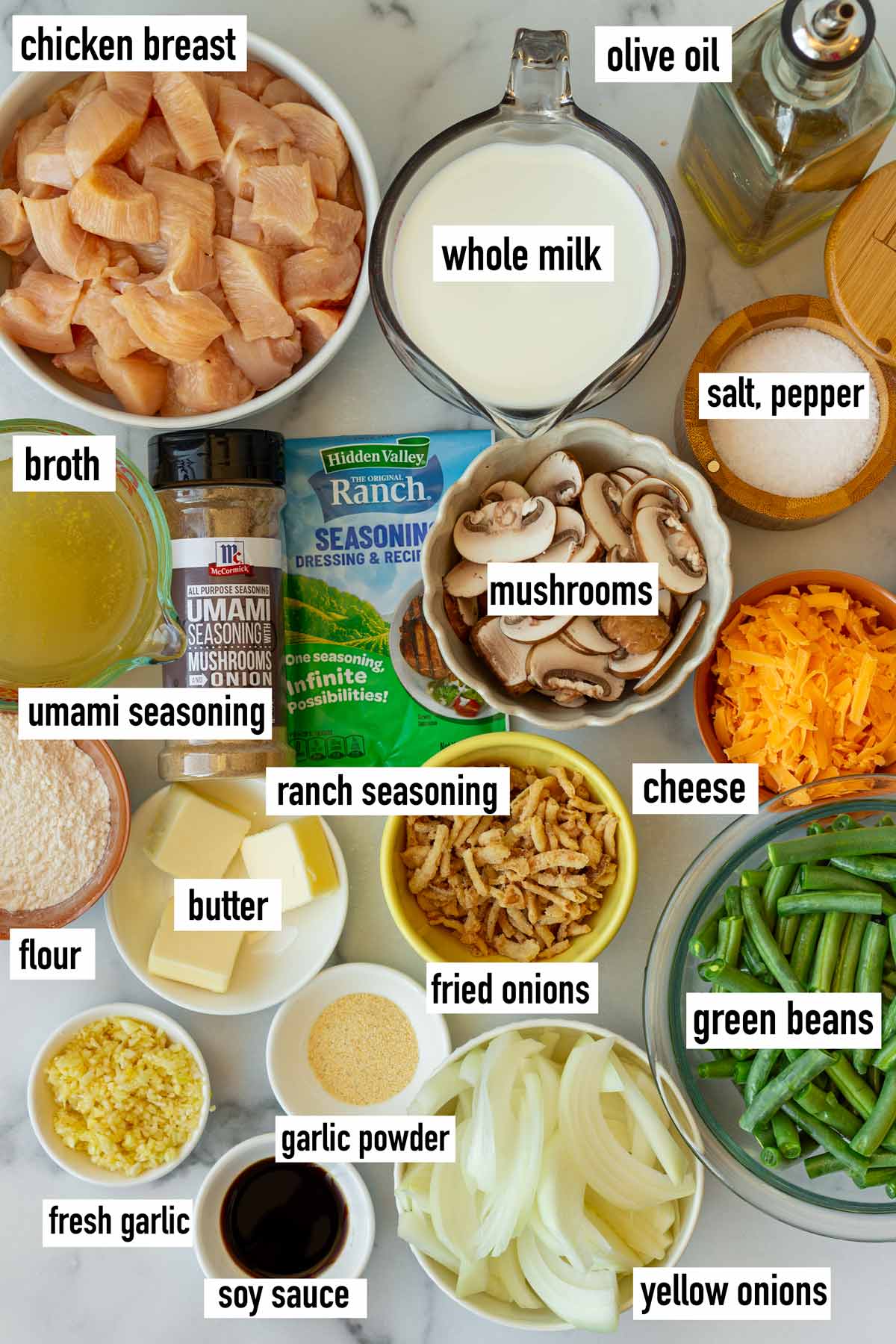 labeled ingredients to make chicken green bean casserole