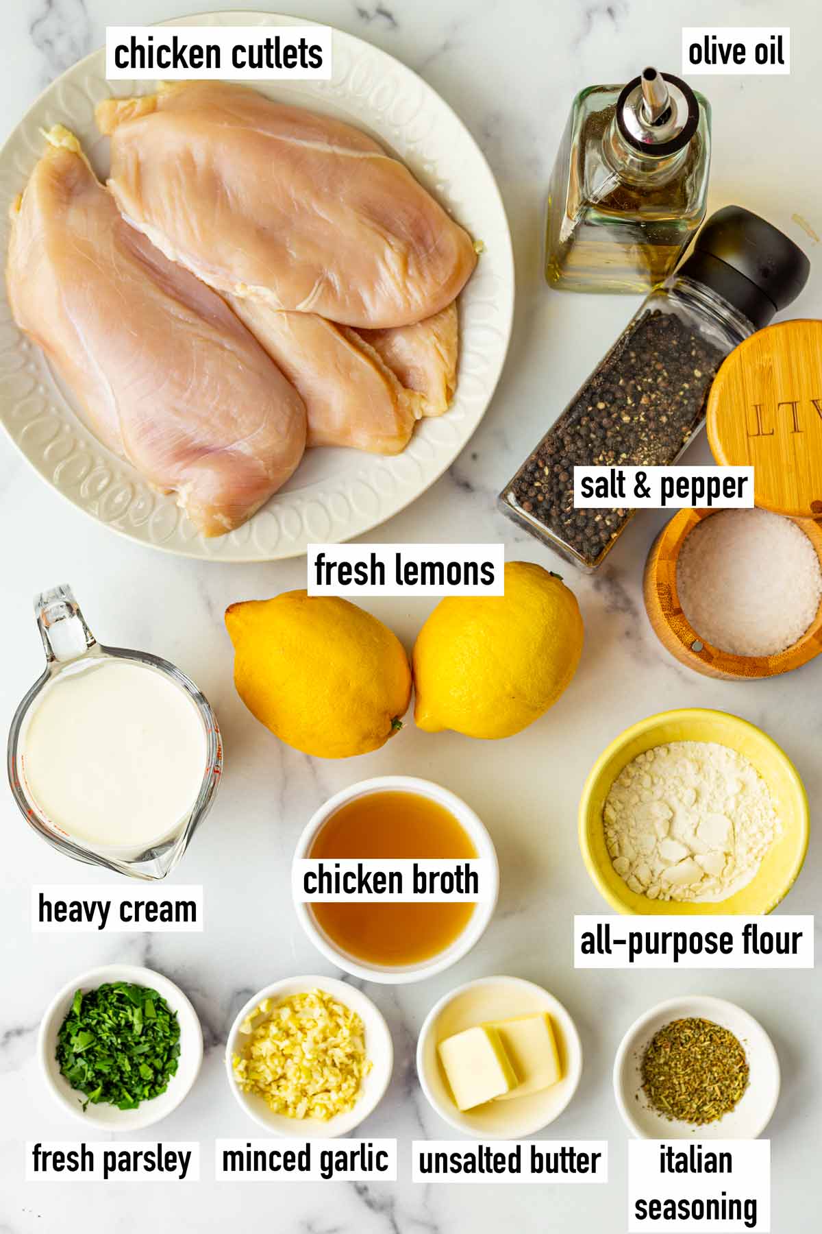 labeled ingredients for lemon cream chicken recipe