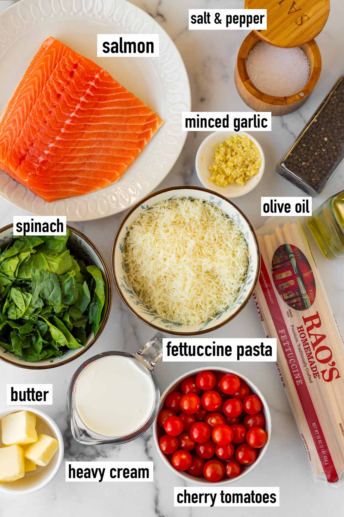 labeled ingredients for salmon pasta recipe