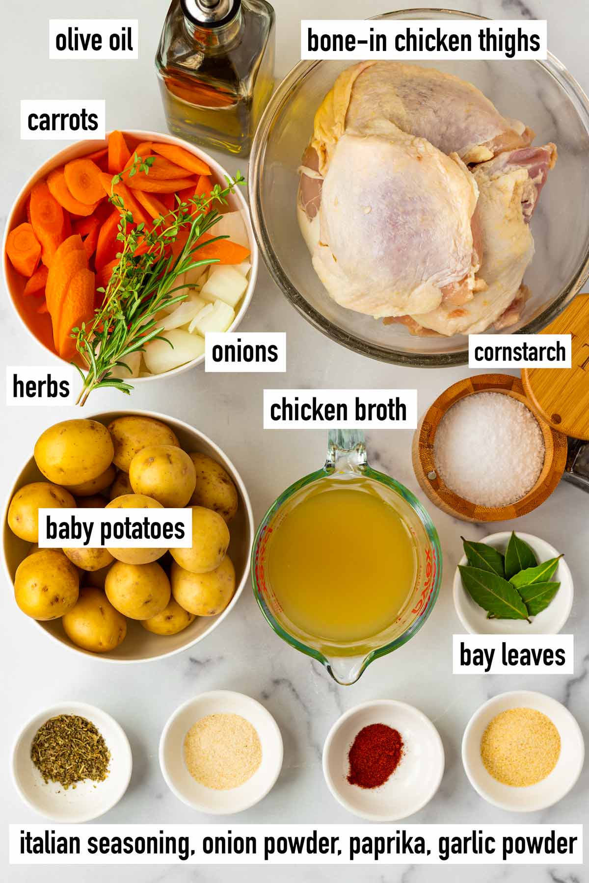 labeled ingredients for slow cooker chicken thighs recipe