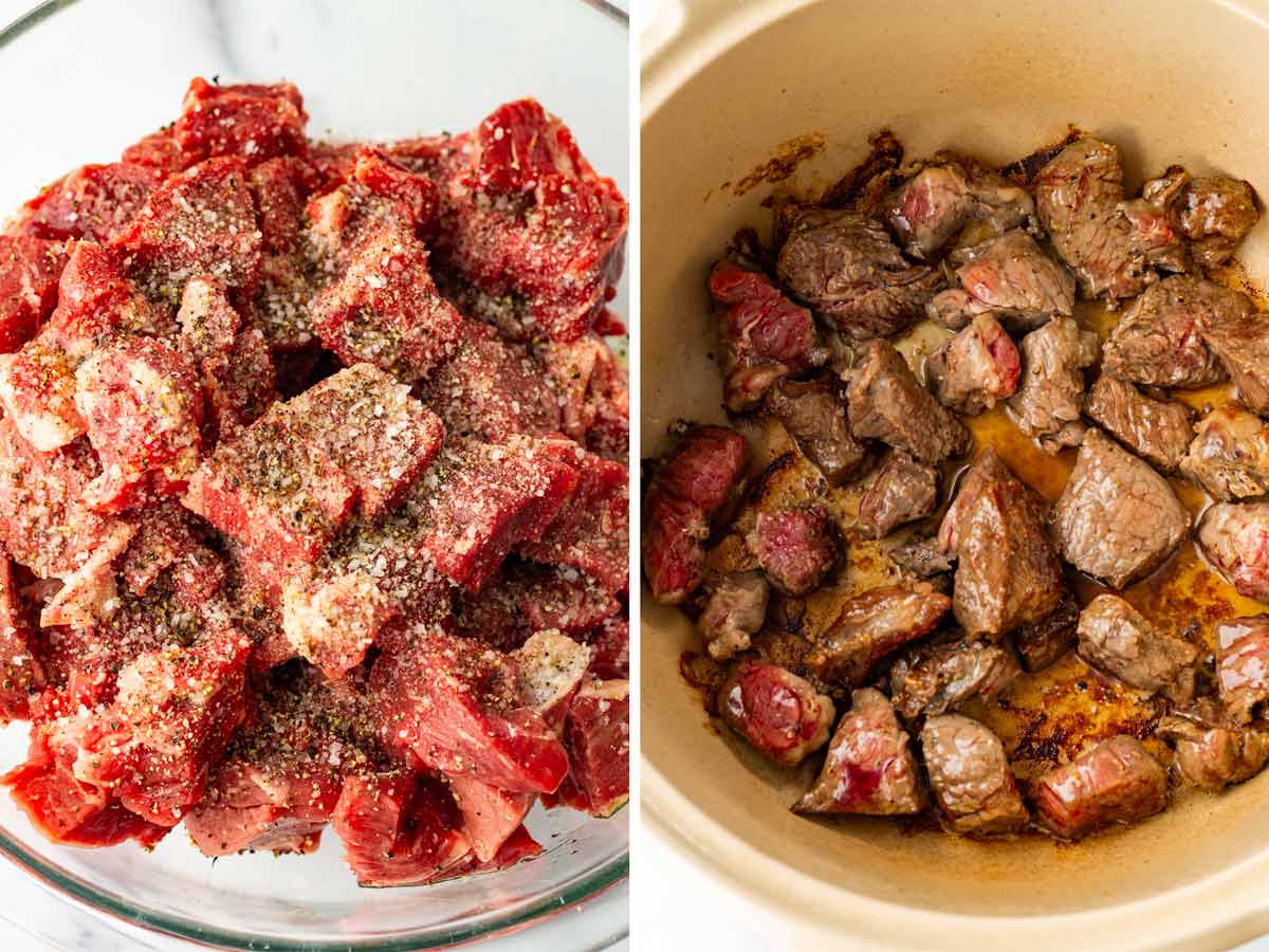 seasoning beef and searing it in a dutch oven