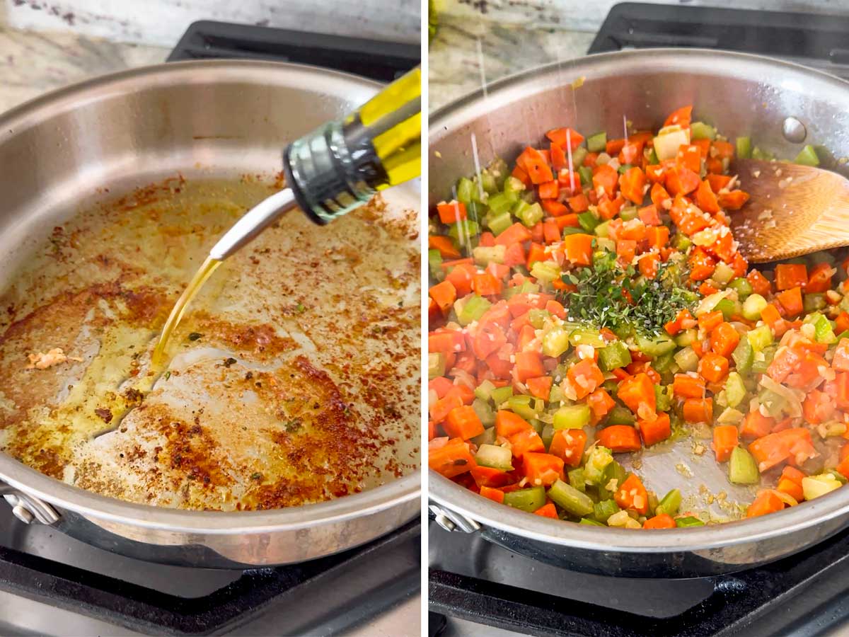 sauteing carrots, celery, onions, herbs in a skillet for the filling